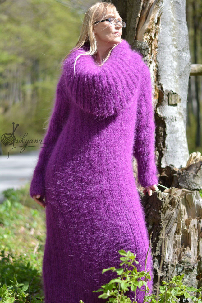Hand knitted soft and silky huge cowlneck mohair dress in fuchsia/D48